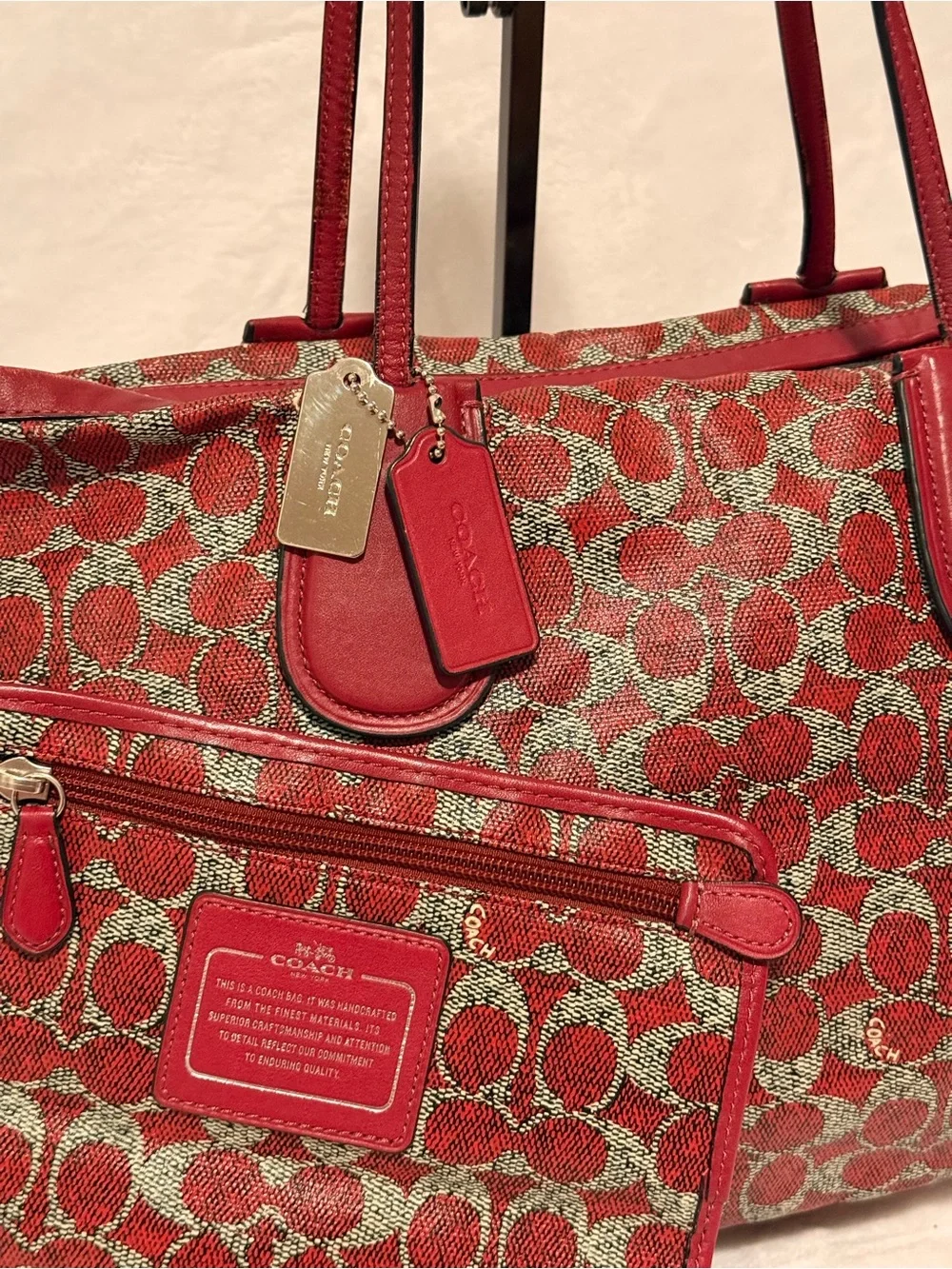 Coach Signature Coated Canvas Taxi Zip Top Red Tote with Removable Pouch